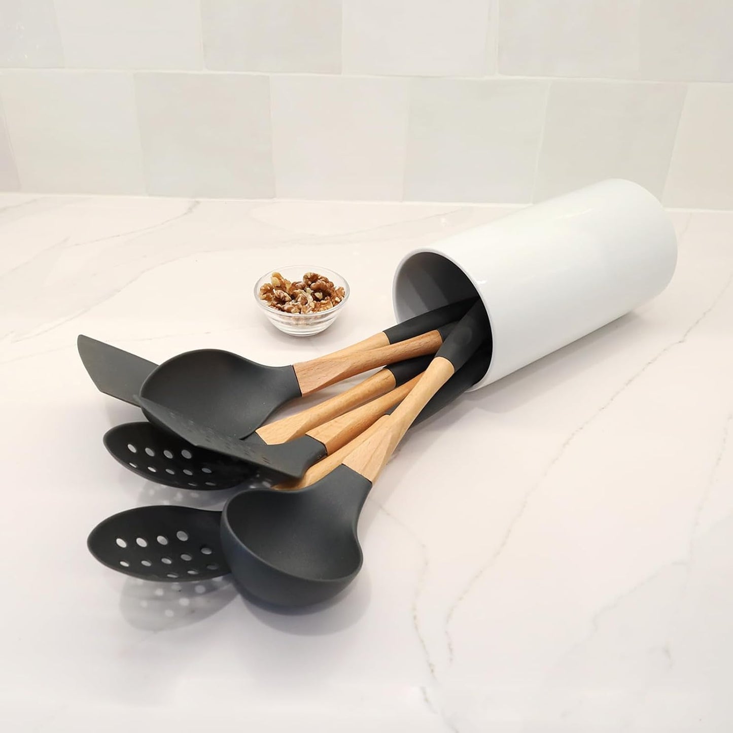 Beille 5pc Dark Grey Nylon Wooden Kitchen Utensils with Cooking Spoons, Soup Ladle, Skimmer Spoon and Spatula, 13 Inch