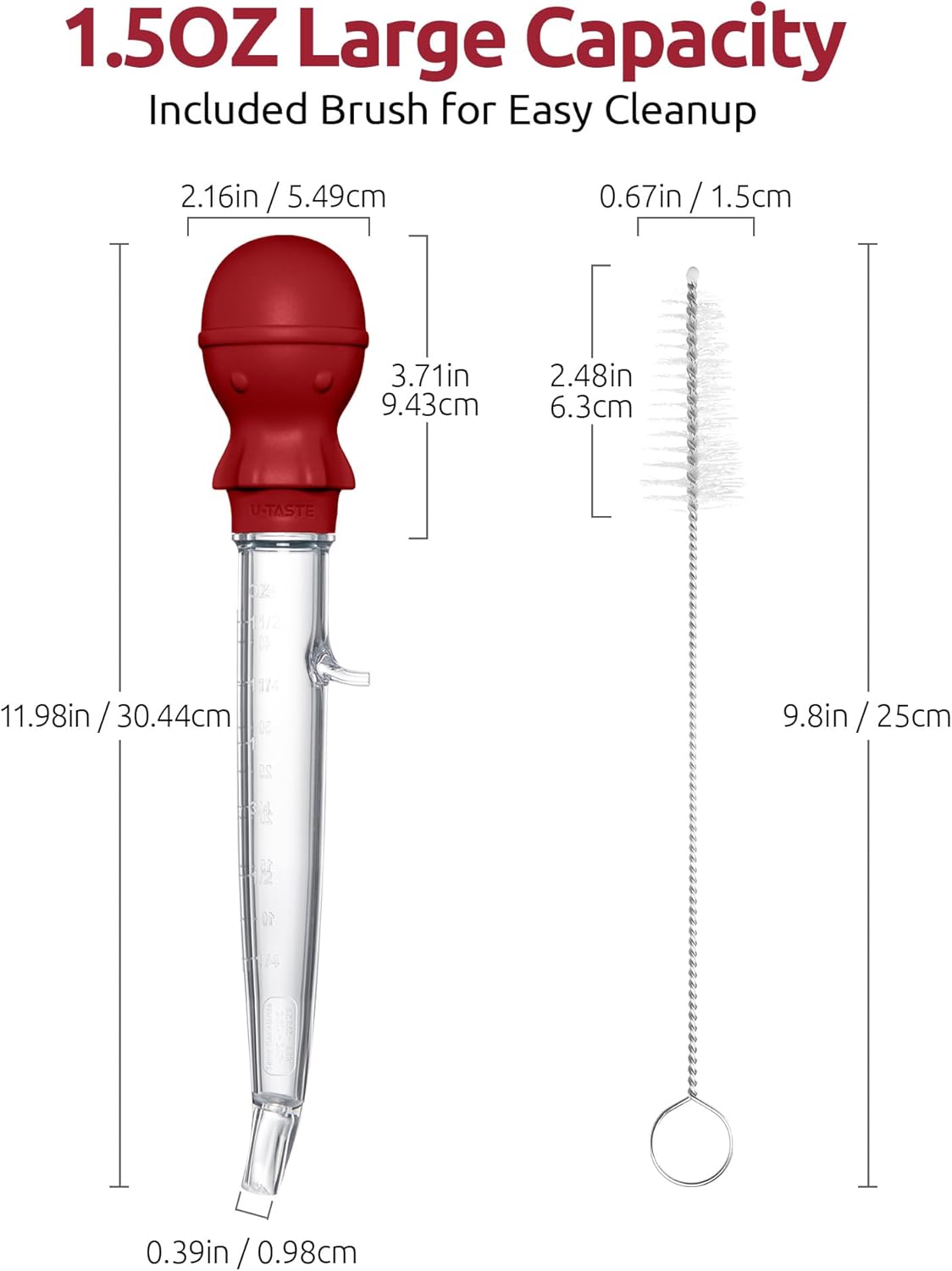 U-Taste 1.5oz Angled Turkey Baster - 228.2ºF Heat Resistant Food Grade Tritan and Silicone Large Octopus Bulb Baster Set with Cleaning Brush for Cooking Basting Meat Poultry Beef Chicken (Red)