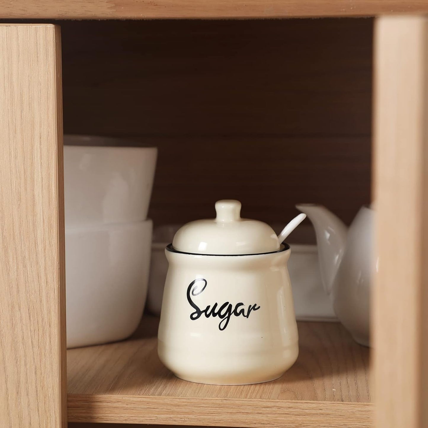 HAOTOP Farmhouse Porcelain Sugar Bowl with Lid and Spoon 12oz,Easy to Clean (Beige)