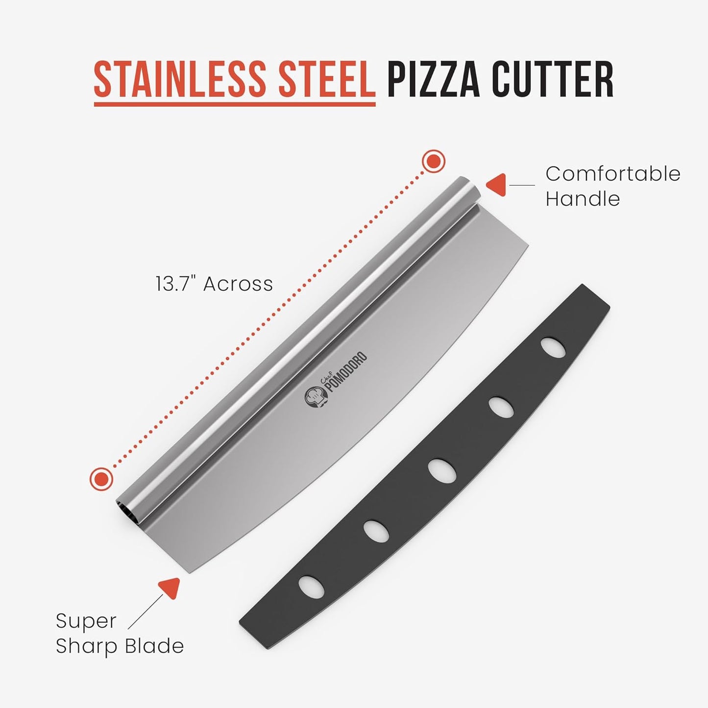 Chef Pomodoro 14" Pizza Cutter Rocker Blade and Pizza Cutting Board Set – Premium Stainless Steel Pizza Slicer with Wooden Pizza Serving Board – Pizza Wooden Board with Pizza Cutting Guide