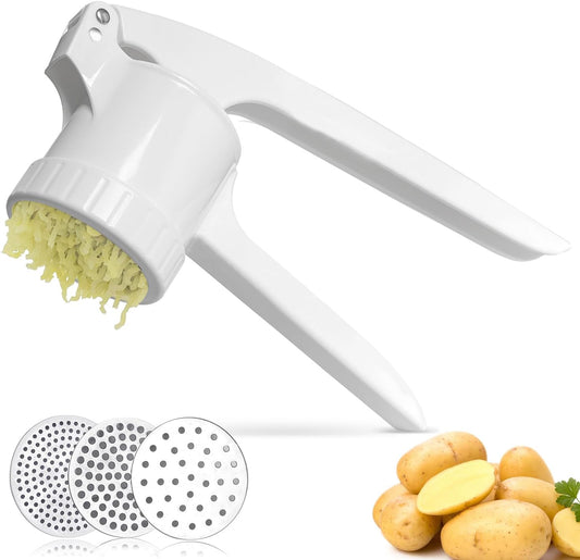 LHS Potato Ricer, Potato Masher for Potatoes with 3 Interchangeable Discs, Large Capacity Potato Masher and Ricer Kitchen Tool for Fruit, Vegetables, Baby Food, White