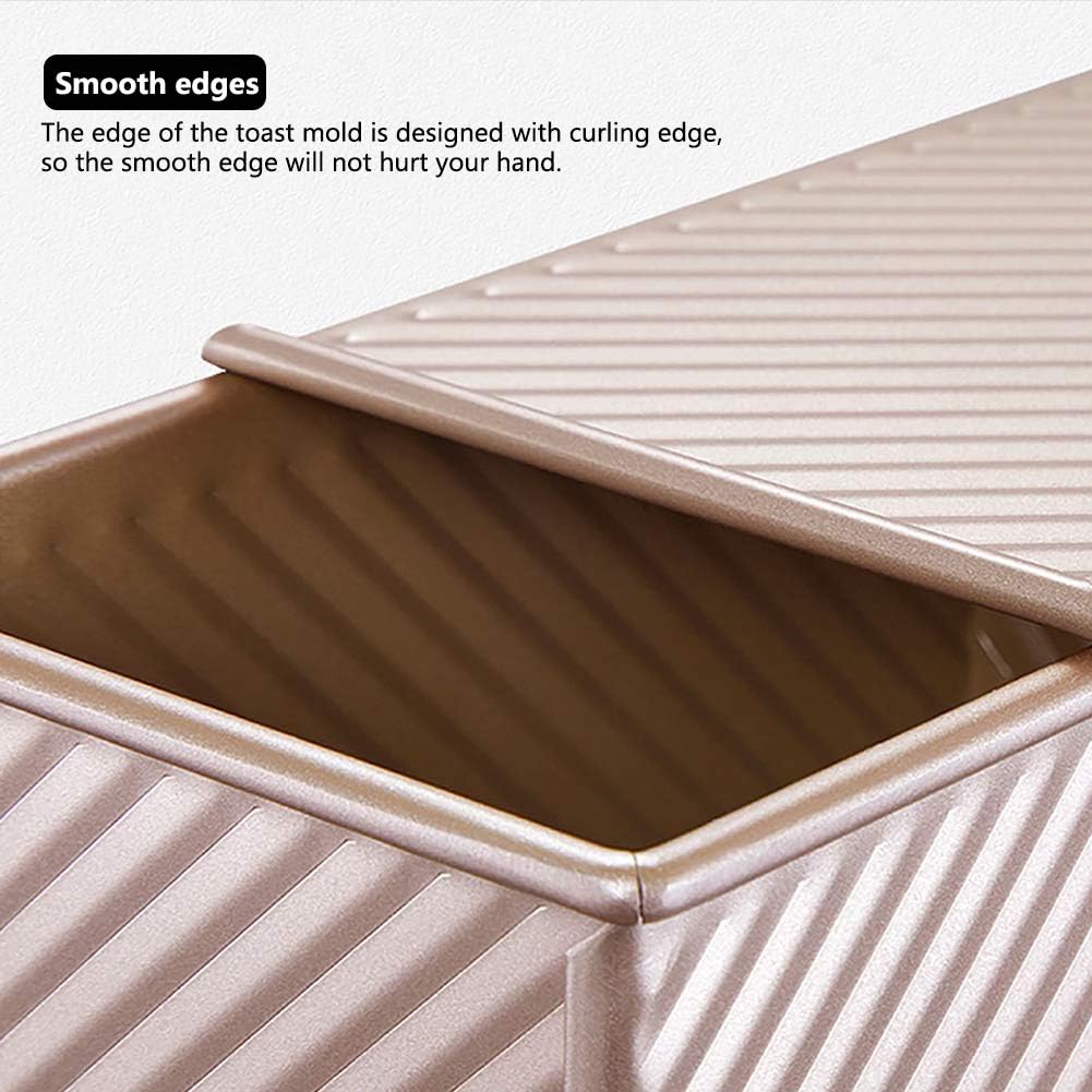 Pullman Loaf Pan with Lid, Non-Stick Bakeware Golden Corrugated Carbon Steel Bread Toast Box Mold with Cover for Baking Bread, 1 lb Dough Capacity