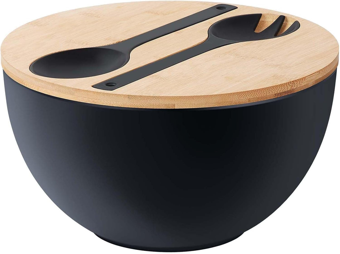 12.6" Extra Large Salad Serving Bowl Set with Wooden Lid&Utensils, 8.4Qt., Bamboo Fiber Salad Bowl with Servers for Kitchen, Big Bowl for Mixing Salad,Fruit,Pasta (Matte Black)