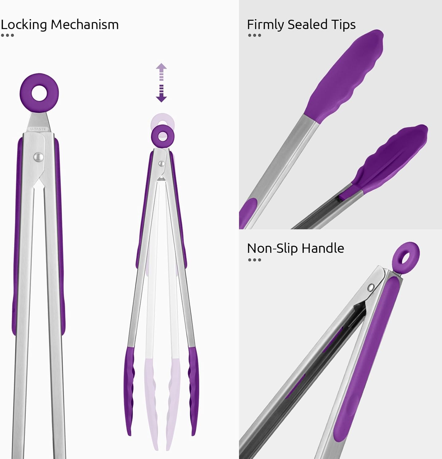 600ºF Heat Resistant Kitchen Tongs: U-Taste 9+12 inch Silicone Cooking Tong Set with Firm Sealed Non Stick Rubber Tips and Silicon Coated 18/8 Stainless Steel Handle for Serving Grilling Salad(Purple)