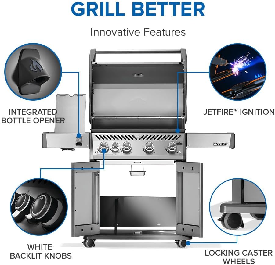 Napoleon Rogue PRO 525 Natural Gas Grill with Infrared Side Burner, Stainless Steel, Durable 5-Burner Gas Grill