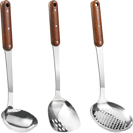 FJNATINH Stainless Steel Wok Spatula,Ladle,Skimmer Ladle Tool Set,Mirror Polished Cooking Utensils with Wooden Handle,Easy to Clean Wok Accessories,Sliver 3 PCS