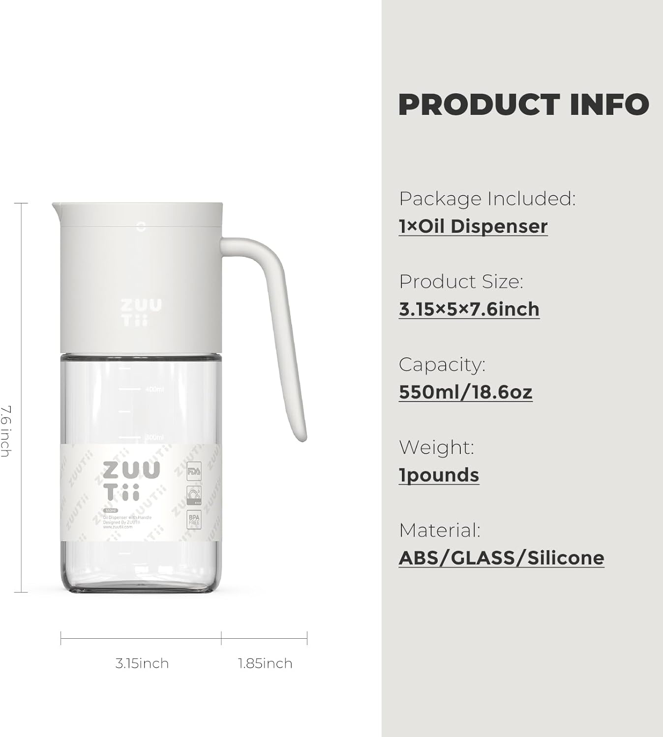 Zuutii Olive Oil Dispenser Bottle 18.6oz – Auto Flip Glass Vinegar Bottle with No-Drip Spout for Kitchen Cooking, Oil and Sauce Dispenser, Light Cream