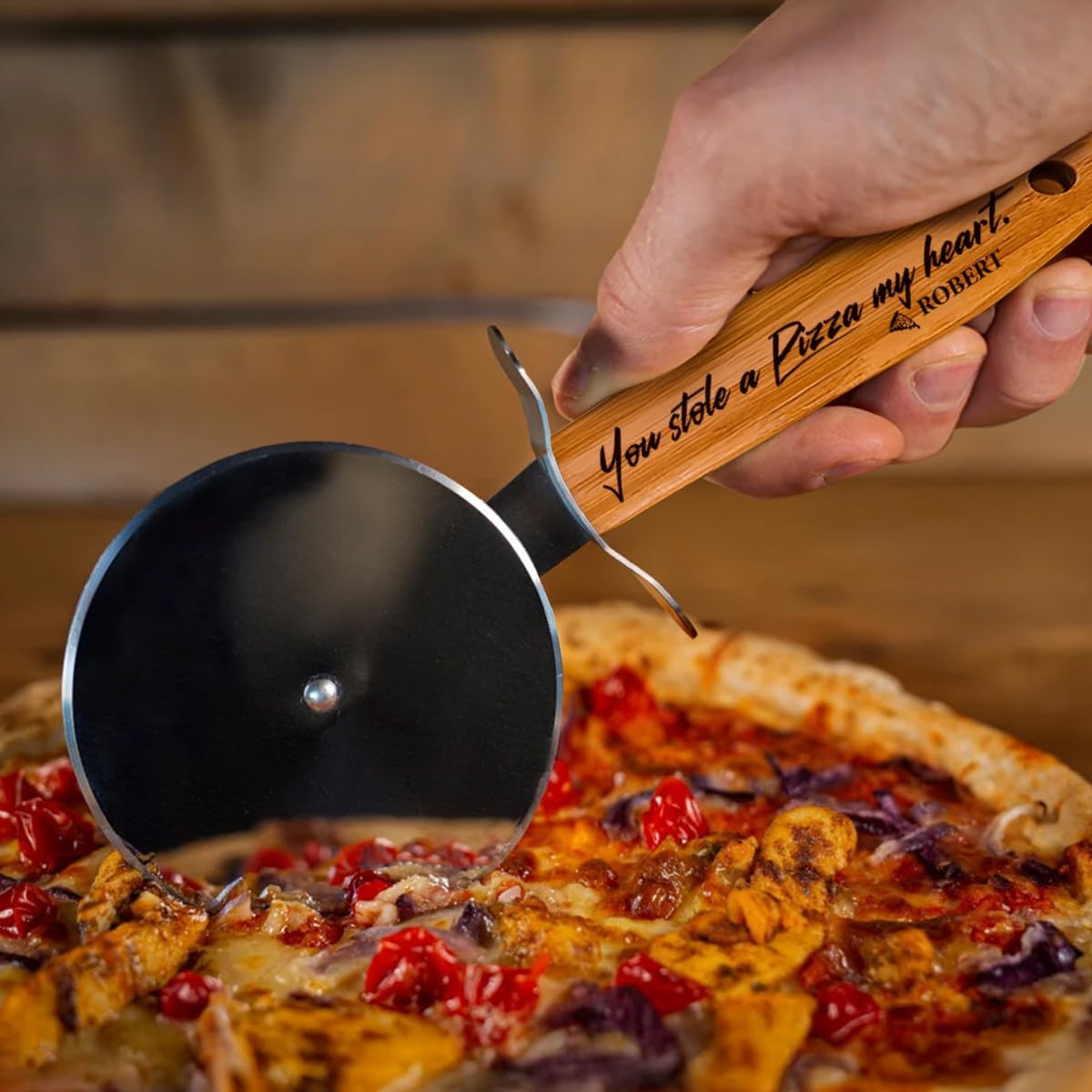 Pizza Cutter Wheel with Sharp Blade - Gifts for Men, Women, Gift for Husband, Birthday & Christmas Gift - Wooden Pizza Wheel Cutter (You Stole A Pizza My Heart)