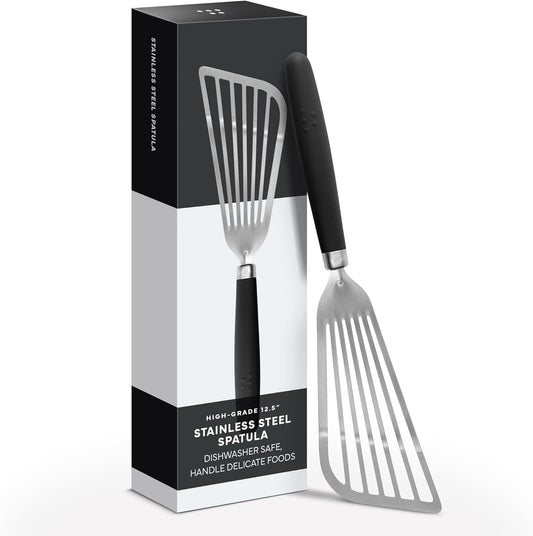 Misen Fish Stainless Steel Spatula - Slotted Turner for Cooking - Perfect for Frying - Heat Resistant - Dishwasher Safe -1mm Thick Flexible Flipper - Soft Silicone Grip Handle for Easy Use