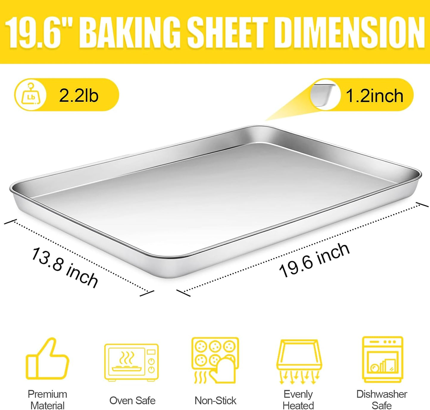 Baking Sheet, Cookie Sheet, Stainless Steel Baking Pan, 2 Piece-19.6''x 13.8'' x 1.2'', Large Sheet Pan for Oven, Baking Tray for Baking&Roasting, Nonstick&Nontoxic&Easy Clean
