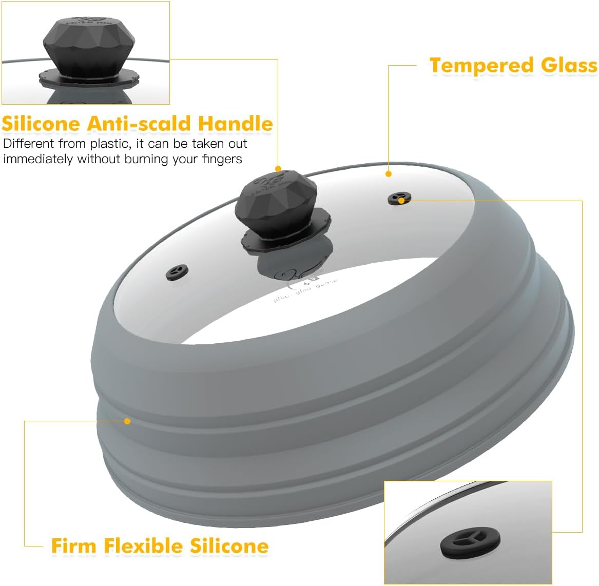 Microwave Splatter Cover Vented Glass Cover Splatter Guard Lid with Collapsible Silicone for Food as Pot Cover Plate Cover 10.8 inch for 6 7 8 9 10 inch Plate Bowl Light Grey