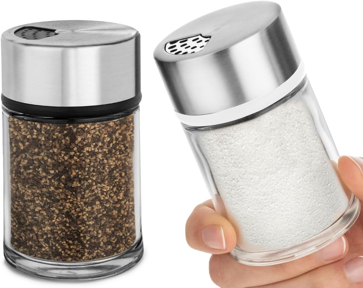 Salt and Pepper Shakers Set with Adjustable Pour Holes - Stainless Steel Spice Dispenser - Perfect for Pink Himalayan, Table Salt, Black and White Pepper (2.4 oz) - set of 2