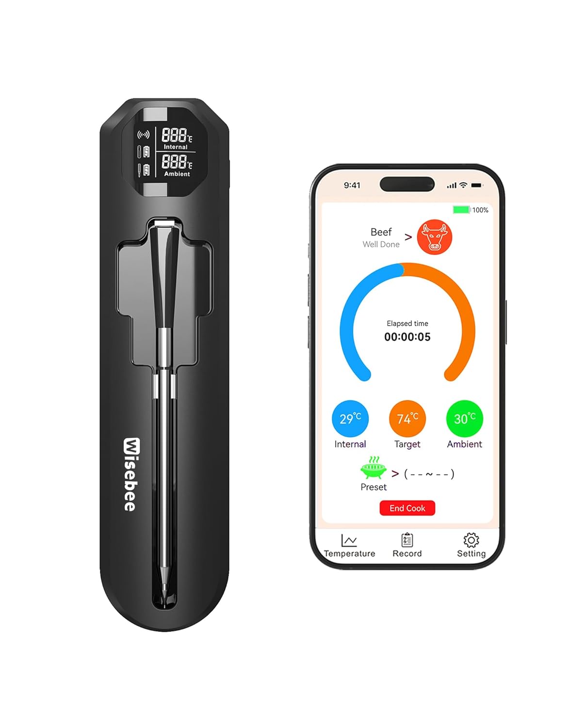 Wisebee Meat Thermometer Digital Wireless,328FT Smart Bluetooth Probe Waterproof Thermometer with Remote Monitoring| Real-Time Readings| Rechargeable LCD Booster| Dual Alarm| App Controlled| Cooking