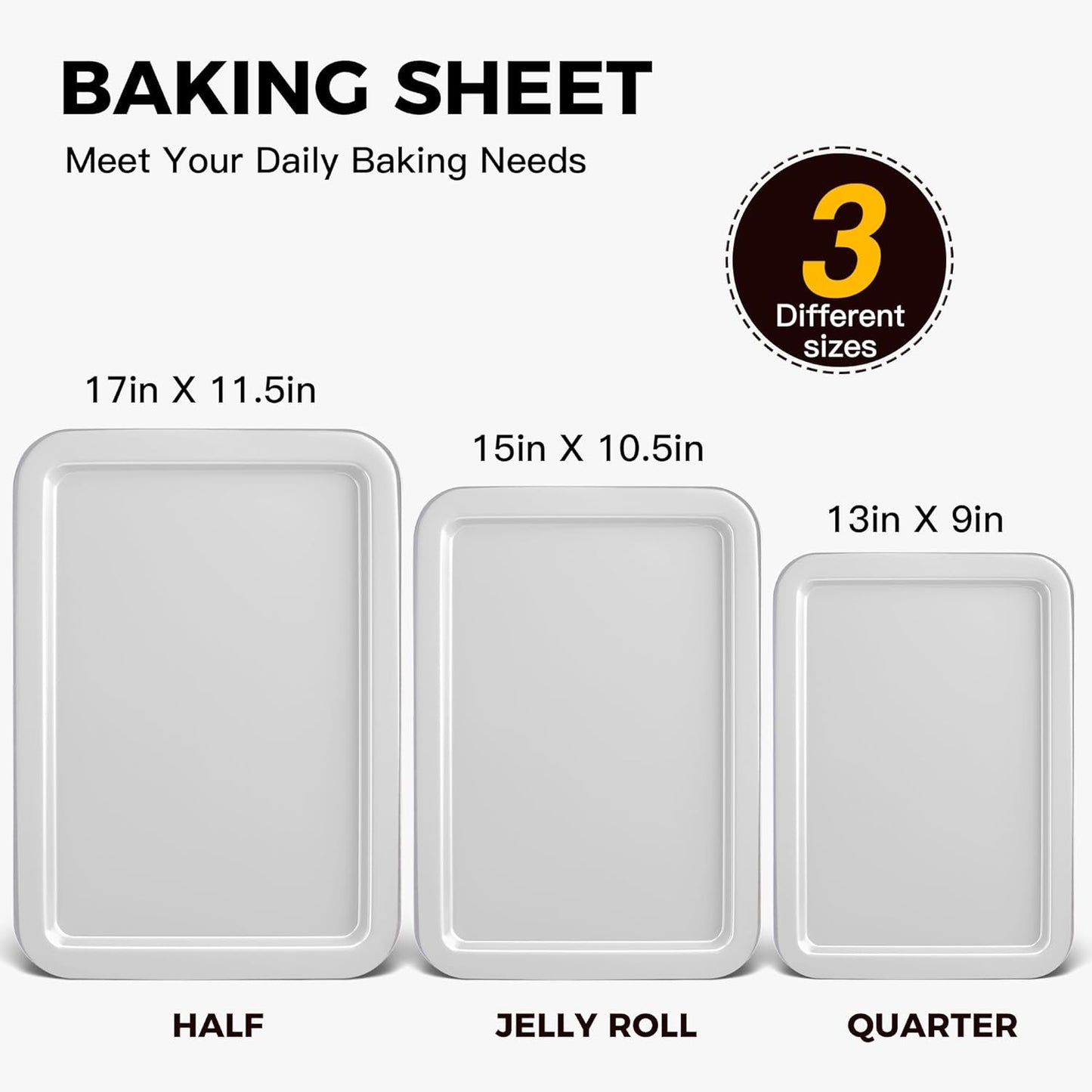HONGBAKE Cookie Sheet, Baking Sheet Set, Nonstick Oven Pan with Wider Grips,3 Pack, Avoid Too Much Browning -Noble Silver