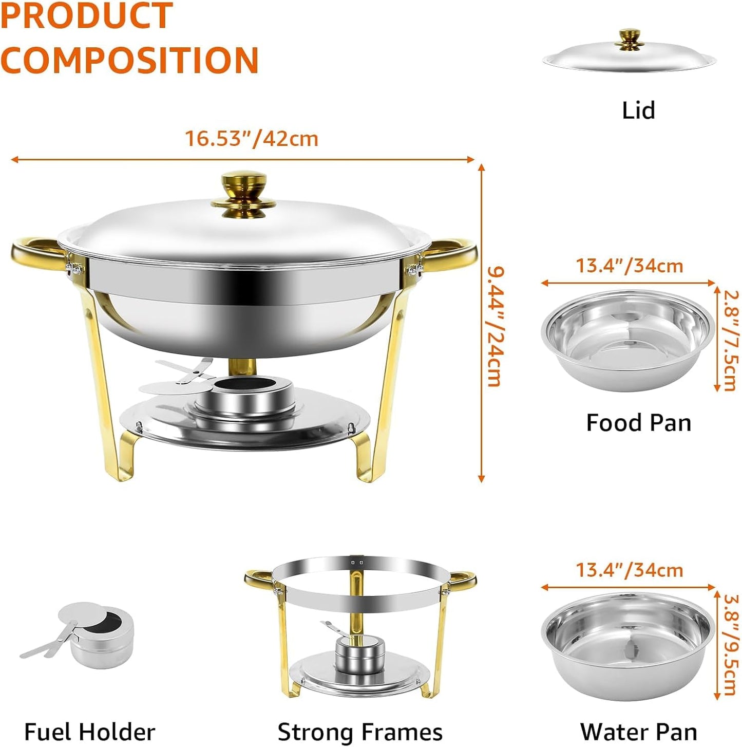 Gold & Silver Chafing Dishes for Buffet with Lid 5QT, 8 Pack - Food-Grade Stainless Steel Chafers and Buffet Warmers Sets with Lid Holder, Rolled Edge Design, for Party, Banquet