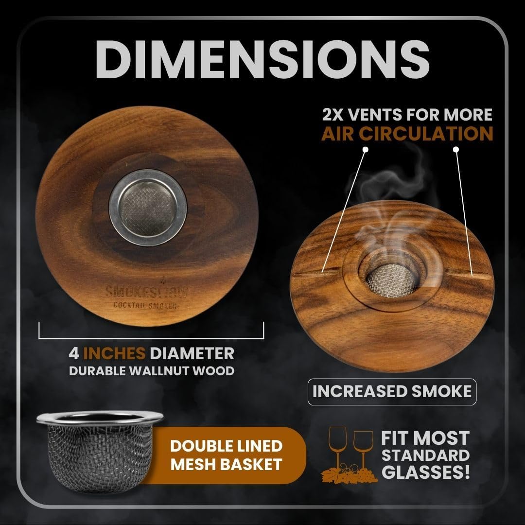 Premium Walnut Wood Cocktail Smoker with 2 oz Sample Bag of Wood Chips. Great for Whiskey & Old Fashion. Coated in Safe Food Natural Beeswax, Non-toxic Top by Smokeshow (Smoker Only)