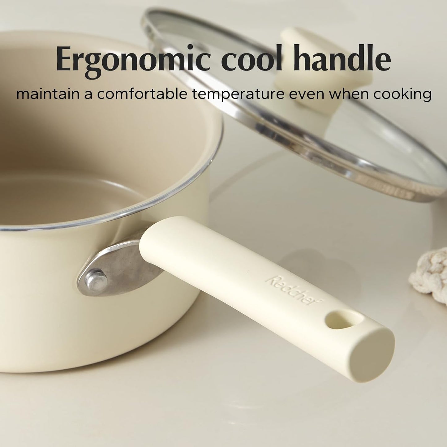 Redchef Ceramic Nonstick Saucepan with Lid, 2.5QT Small Cooking Pot, Non Toxic Sauce Pans for Kitchen, Cool Handle PFAS Free Compatible with All Cooktops, White