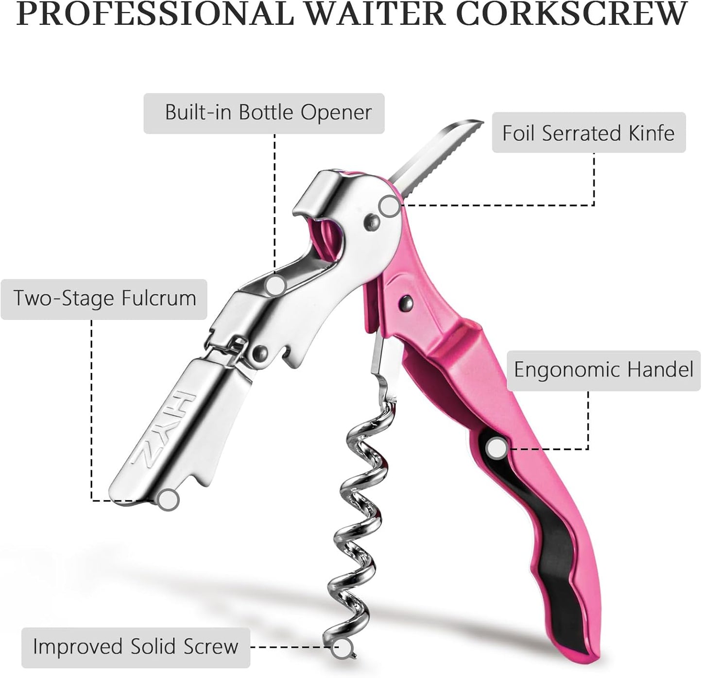 HYZ 2-Pack Wine Opener Waiter Corkscrew, Professional Wine Key for Servers, Bartender with Foil Cutter, Manual Wine Bottle Opener Double Hinged (Rosy)