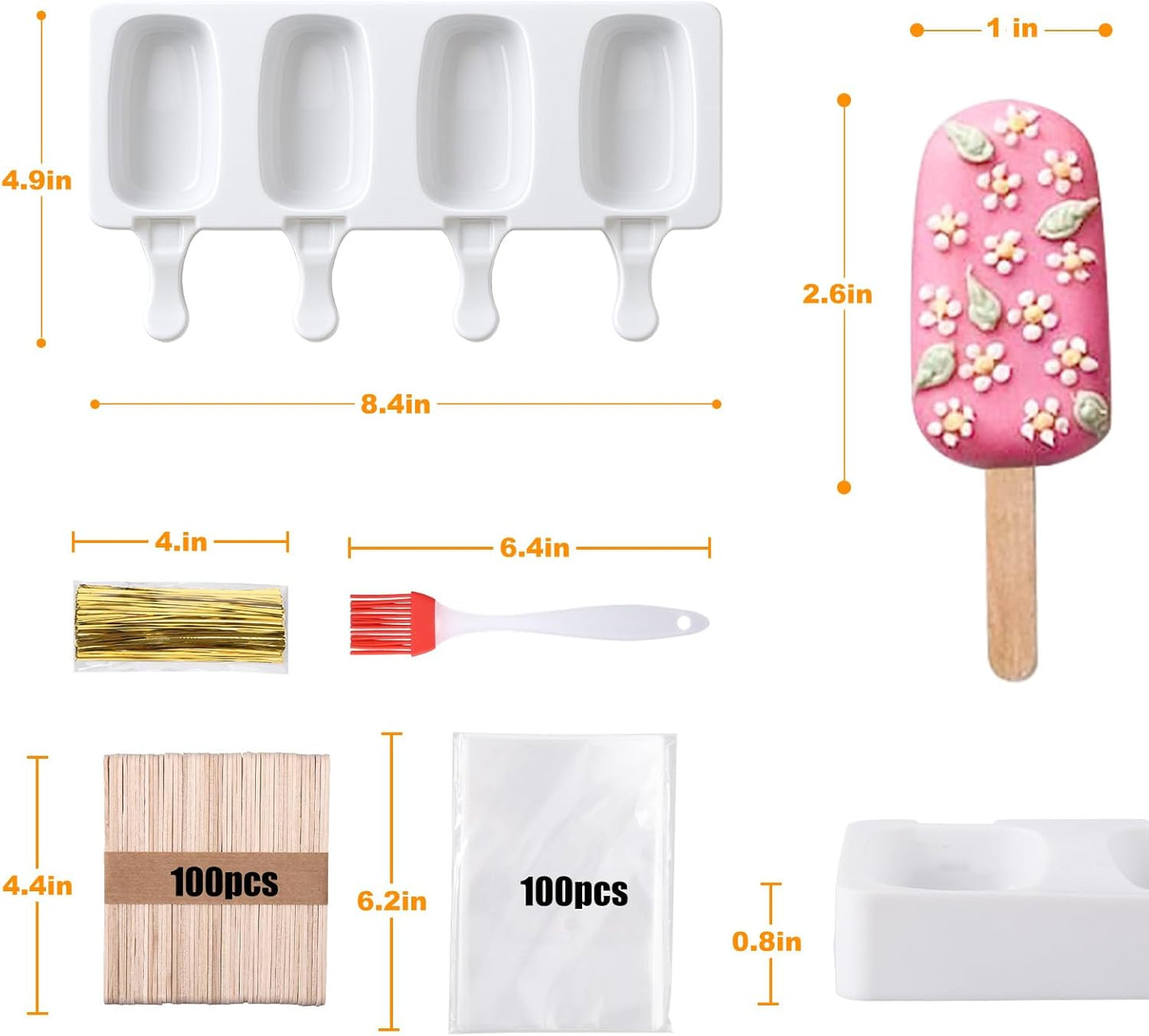 Juome Cake Pop Mold Kit, 8 Cavities Small Cakesicle Molds Silicone with 100 Wooden Sticks & 100 Packaging Bags with Ties, Cake Pop Maker Supplies Accessories, Baking Tools for Home Baking Desserts