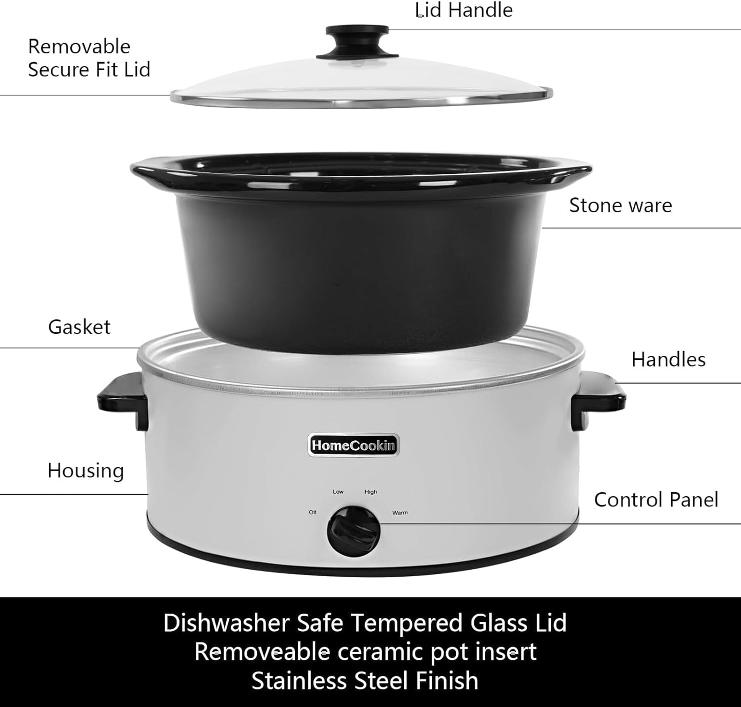 HOMECOOKIN 8 Quart Slow Cooker Oval Manual Pot Food Warmer with 3 Cooking Settings, White Stainless Steel