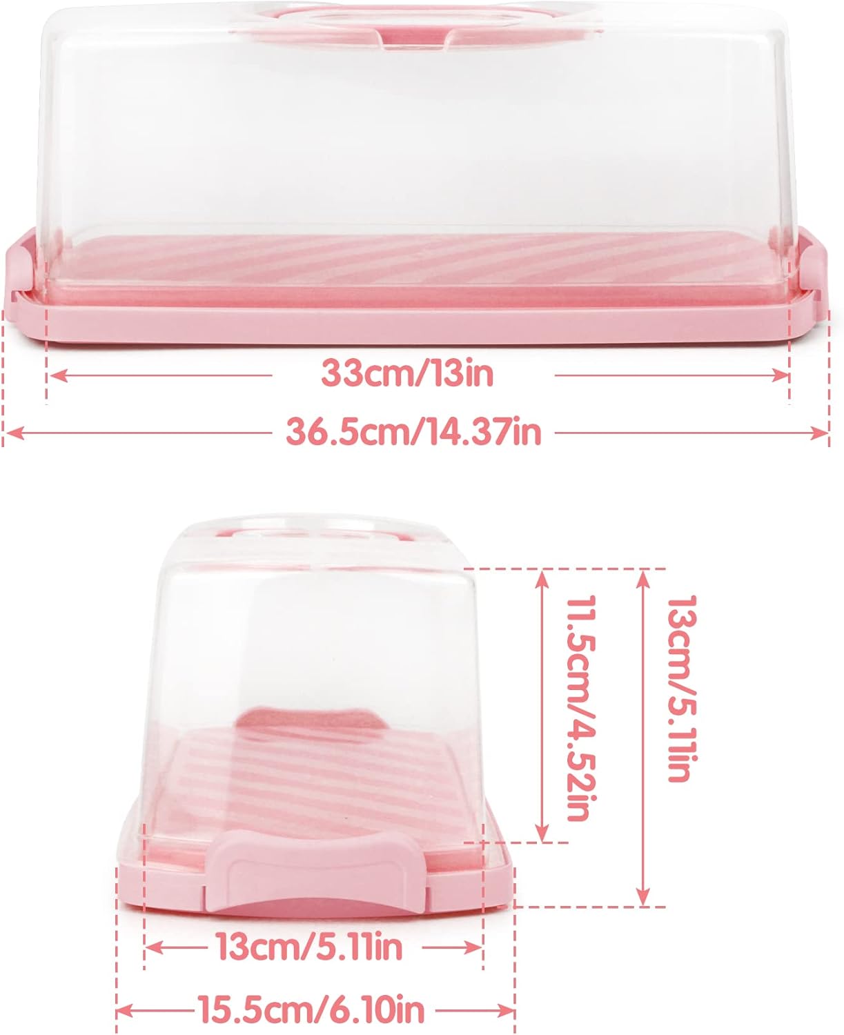 2-Pack Plastic Rectangular Bread Box with Clear Lid, Loaf Cake Keeper, Portable Bread Keeper Storage Container with Handle (Pink)
