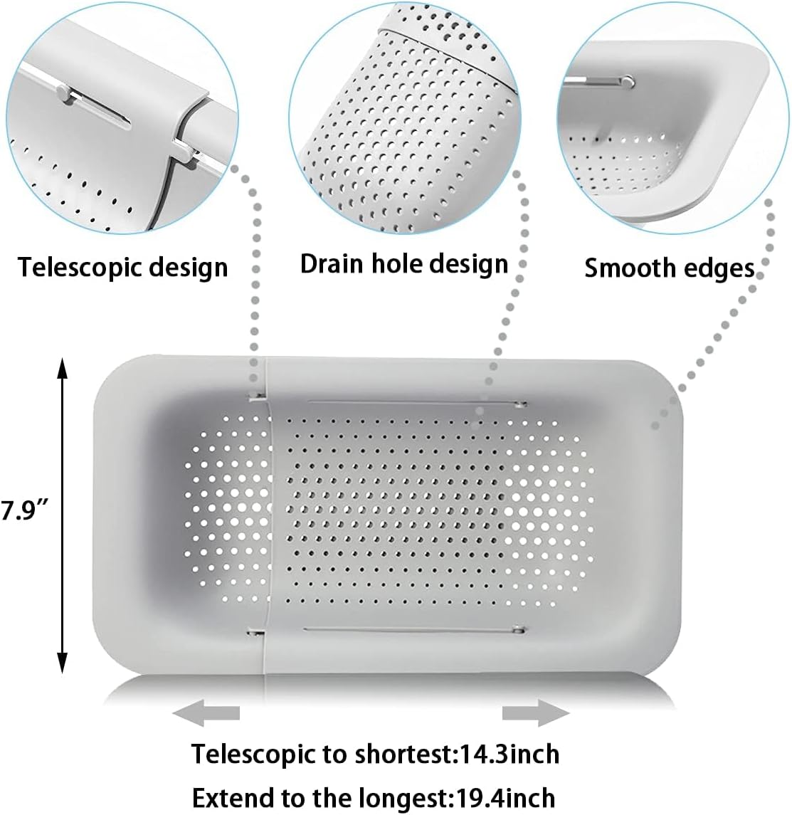 Collapsible Sink Colanders and Strainers Basket Over the Sink Colander Collapsible Colander Extendable Plastic Fruit Vegetable Strainer Drainer Basket for Kitchen(Length 14.3-19.4inch)(White Set of 2)