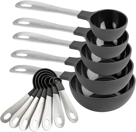 COOK WITH COLOR Measuring Cups Set and Measuring Spoon Set, Stainless Steel Handles, Nesting Kitchen Measuring Set, Liquid Measuring Cup Set, 12 PC Stainless Steel, Black