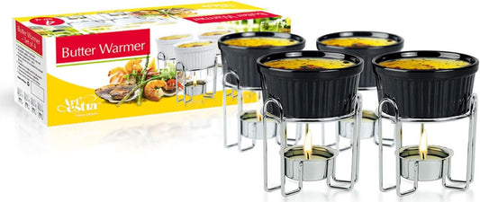Artestia Butter Warmers Set, 4-Piece Ceramic Butter Warmer with Tea Light Candles, Crab Boil Party Supplies - Dishwasher, Microwave, Oven Safe (Black)
