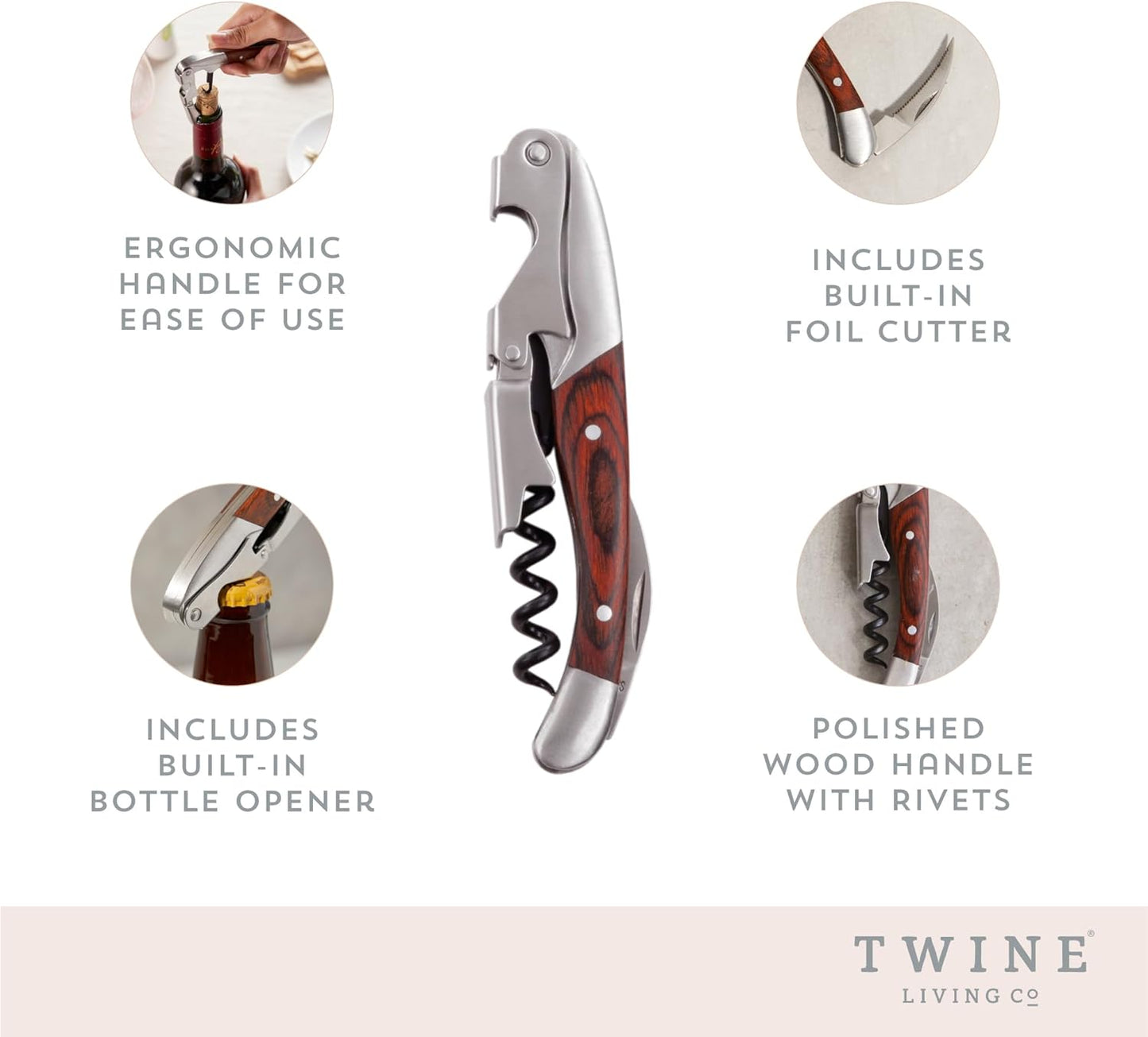 Twine Country Home Double Hinged Wood Corkscrew, Rosewood Inlay Wine Key, Bar Tool, Wine Opener, 4.75"