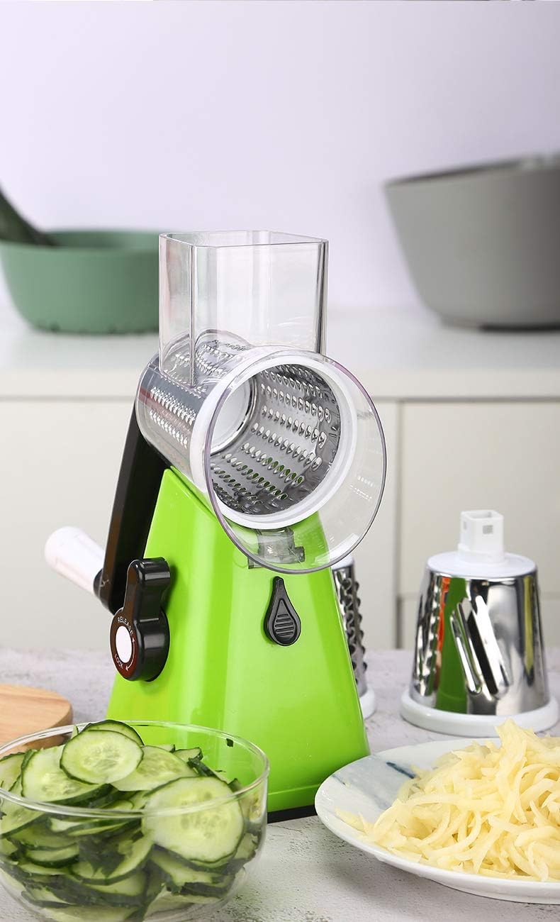Manual Rotary Potato Grater Kitchen Mandoline Vegetable Slicer，with 3 Interchangeable Blades，Easy to use (Green)