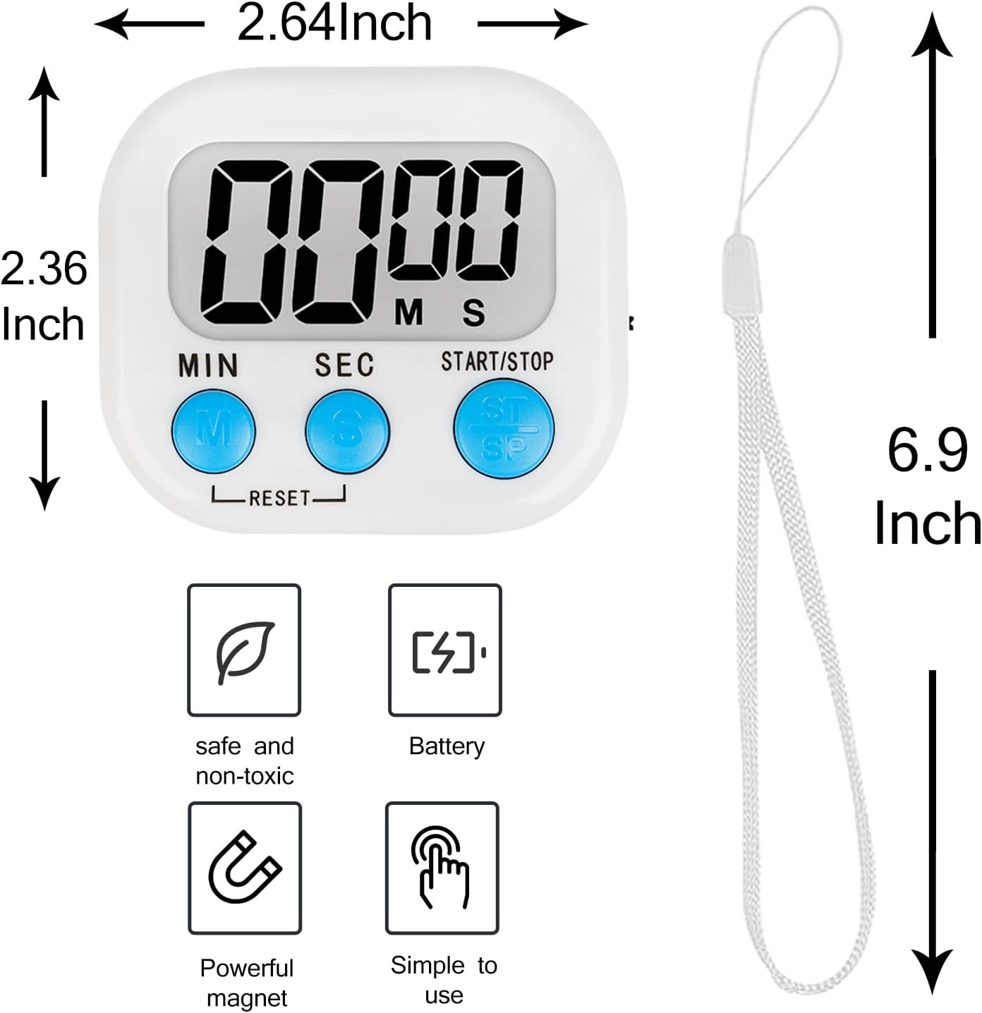 ZILLEEN Kitchen Timer Digital with Magnetic Back for Kids Classroom, White 6 Pack