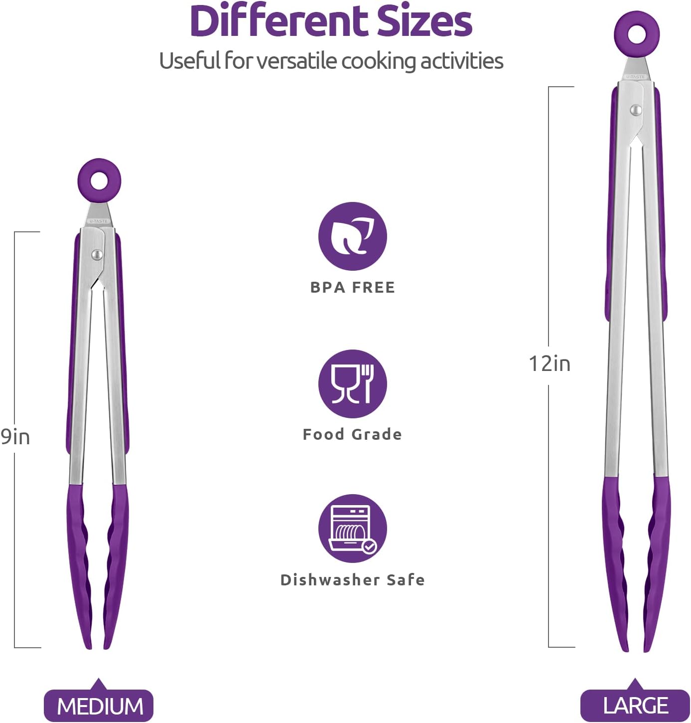 600ºF Heat Resistant Kitchen Tongs: U-Taste 9+12 inch Silicone Cooking Tong Set with Firm Sealed Non Stick Rubber Tips and Silicon Coated 18/8 Stainless Steel Handle for Serving Grilling Salad(Purple)
