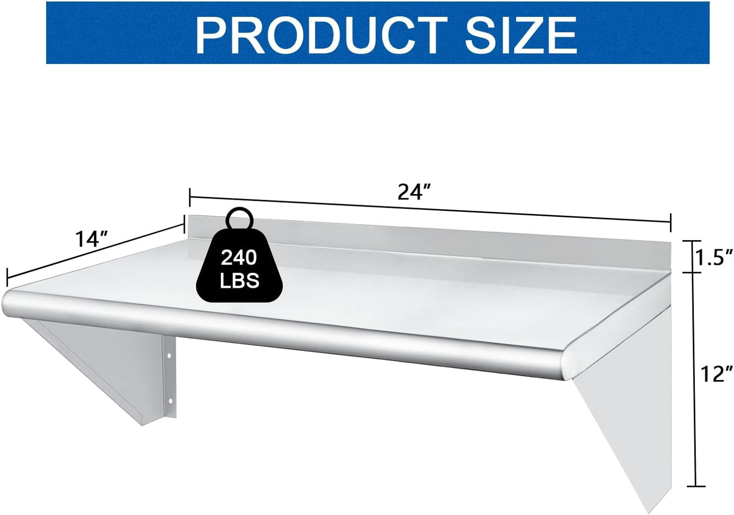 HARDURA Stainless Steel Shelf 14" x 24", 240lb Commercial Shelves Wall Mount Metal Shelving with Backsplash and Brackets for Kitchen, Restaurant, Laundry Room and Home