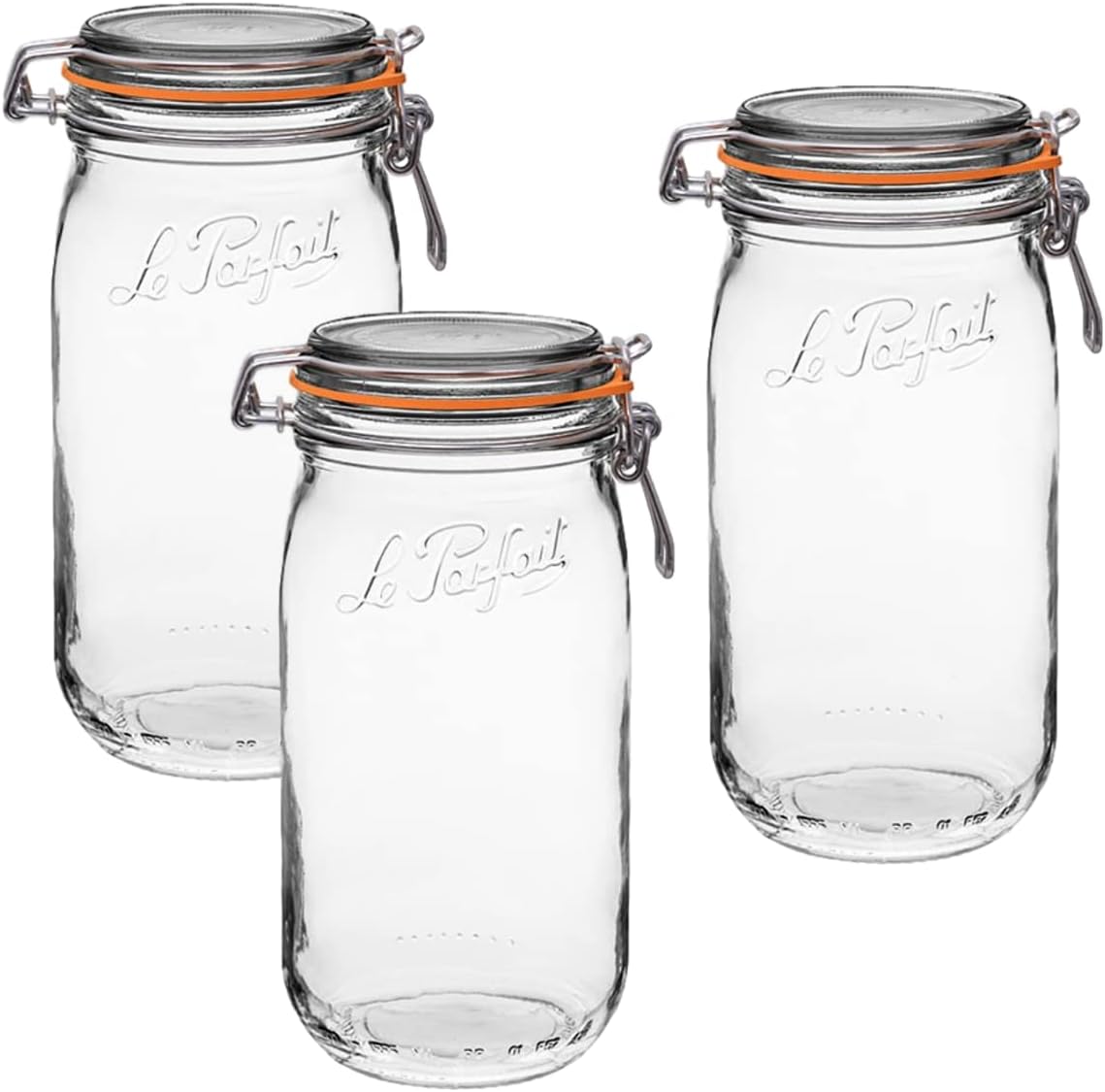 Le Parfait Super Jar - 1.5L French Glass Canning Jars w/Round Body, Wide Mouth, Airtight Lid - Clear Glass (48oz/Quart & Half, 3pk)
