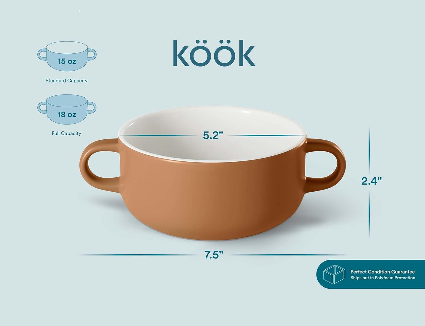 Kook Soup Crocks, Ceramic Bowls, Broil, Oven, Microwave and Dishwasher Safe, with Handles, For Casserole, Pasta, Cereal, 18 oz, Set of 4 (Caramel)