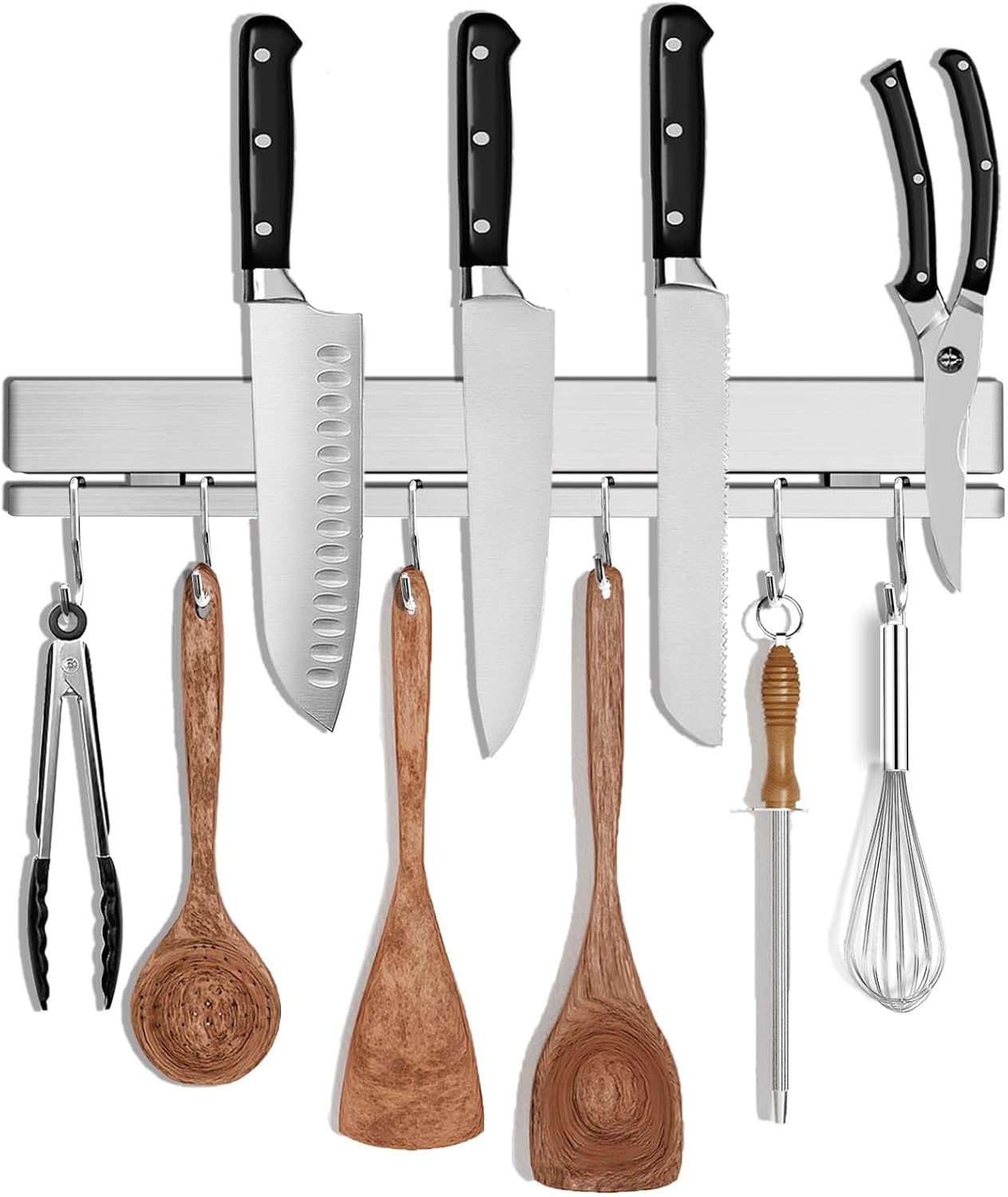 12 Inch Magnetic Knife Holder for Wall, Adhesive Knife Magnetic Strip No Drilling with 6 Hooks, Powerful Magnetic Knife Strip, Magnetic tool Holder for Kitchen Knives & Utensils (Silver)