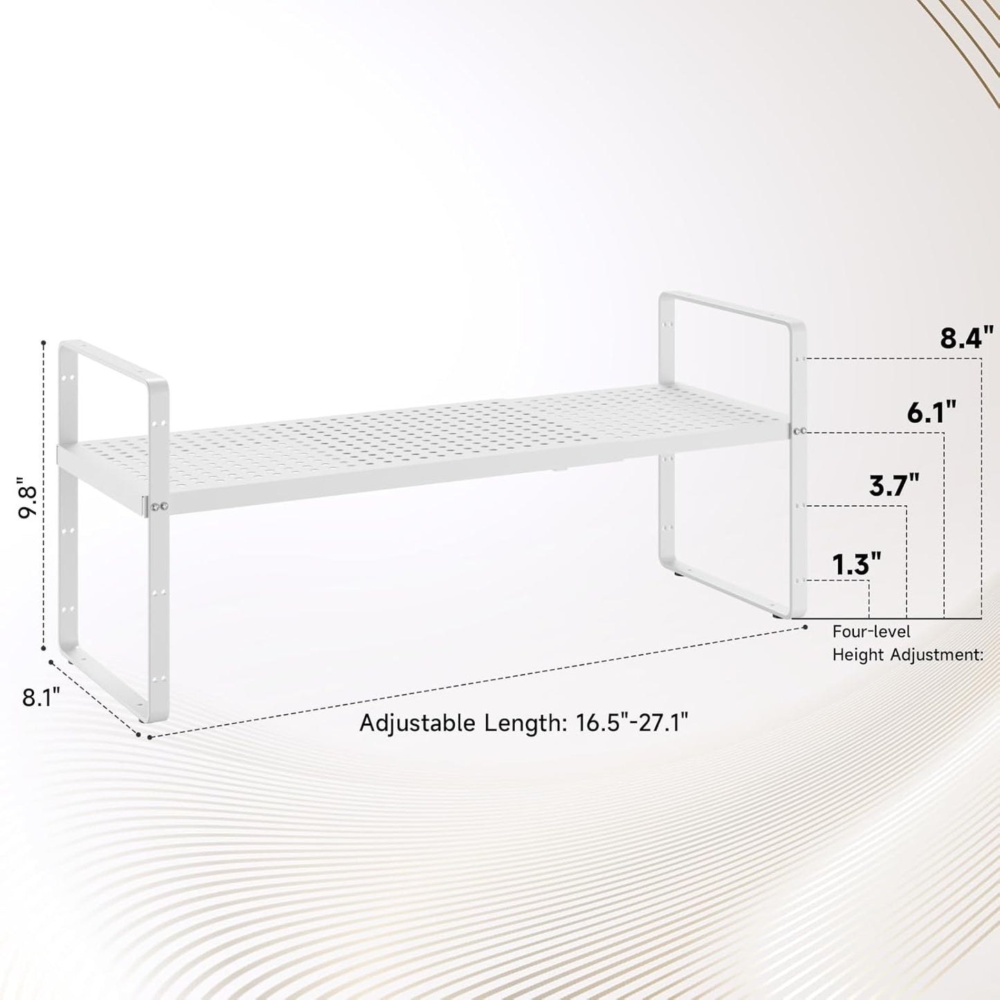 Hole Pattern Expandable Shelf Organizer,1Pack 8.1" Wide Easy to Assemble Cabinet Organizer Shelf, 16.5~27.1" Adjustable Height&Stackable Spice Organization for Cupboard, White