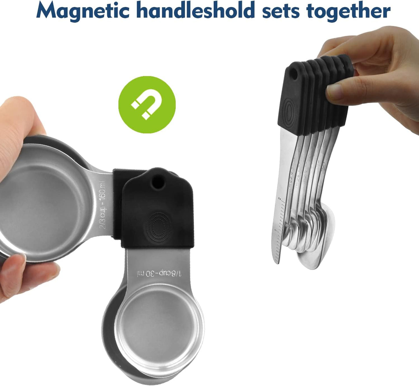 Magnetic Measuring Cups Set, 7 Pieces 18/8 Stainless Steel Stackable Nesting Heavy Duty Metal Measure Cups, Color Silicone Handle Kitchen Tools for Dry and Liquid Ingredients (14, Black)