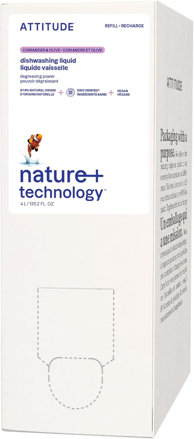 ATTITUDE Dish Soap Refill, EWG Verified, Plant-Based & Vegan Dishwashing Liquid, Naturally Derived, Olive & Coriander Scent, 135.3 Fl Oz