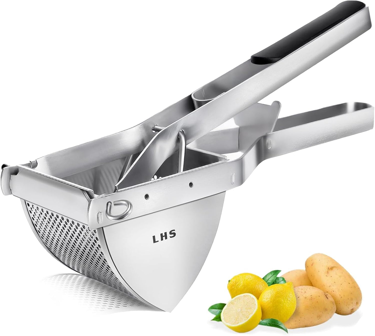 LHS Stainless Steel Potato Ricer and Masher, Heavy Duty Commercial Food Masher, Ergonomic Comfort Grip, Extra Large Capacity, Dishwasher Safe (Black)