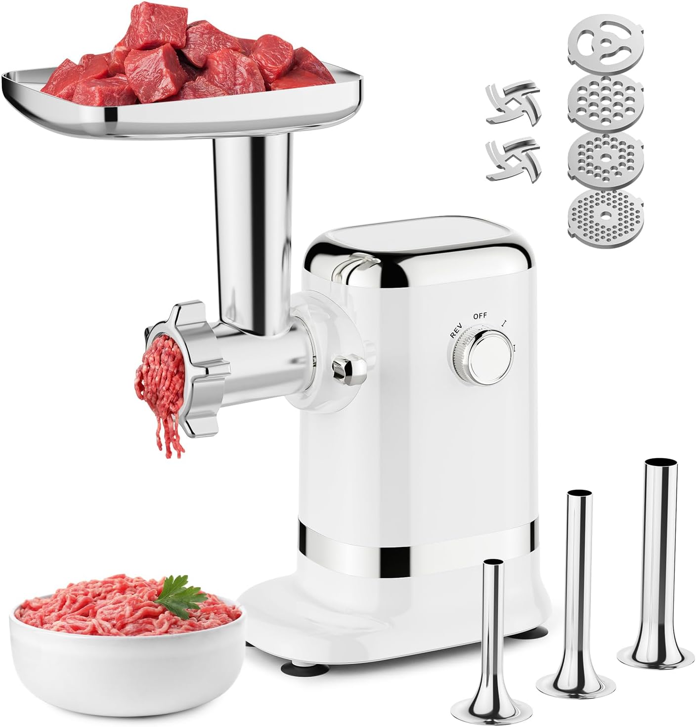GVODE Electric Meat Grinder & Sausage Stuffer - 700W Max Power, 3 Sausage Tubes, 2 Blades, 4 Plates - Home Use Meat Smasher for Ground Beef & Sausage Maker Machine