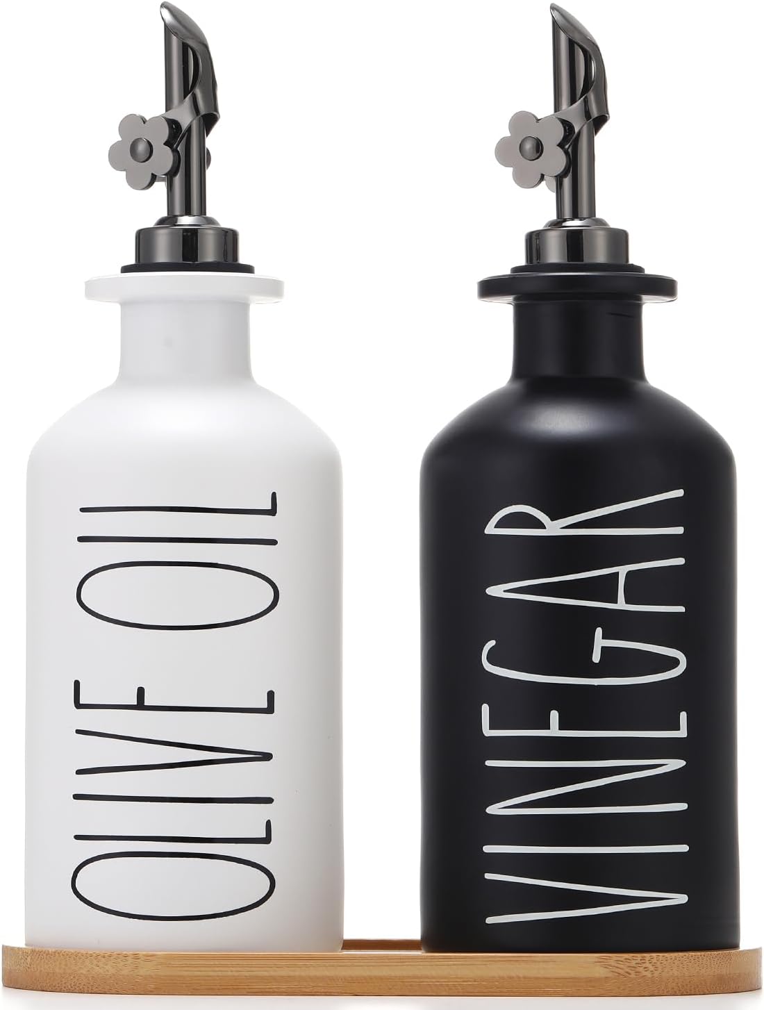 HOMCDALY Premium Olive Oil Dispenser for Kitchen, 11.8oz Glass Oil Bottles with Bamboo Tray, Oil&Vinegar Cruet Set, Kitchen Dispenser Bottles with Pourer | Set of 2 (11.8oz –P–Black&White)