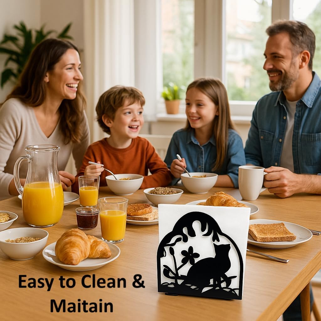 Decorative Metal Napkin Holder Set – Cat & Floral Design – 2 Sizes for Everyday & Cocktail Napkins – Black Modern Kitchen Coffee Filter Holder for Size #2 & #4 coffee filters.