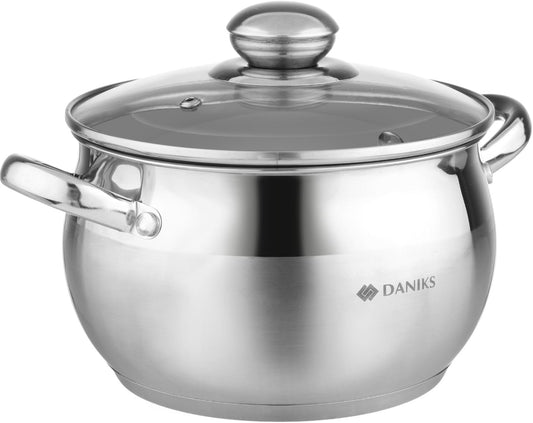 Daniks Classic Stainless Steel Stock Pot with Glass Lid – Induction 3 Quart, Dishwasher Safe, Measuring Scale, For Soup, Pasta, Stew, Silver