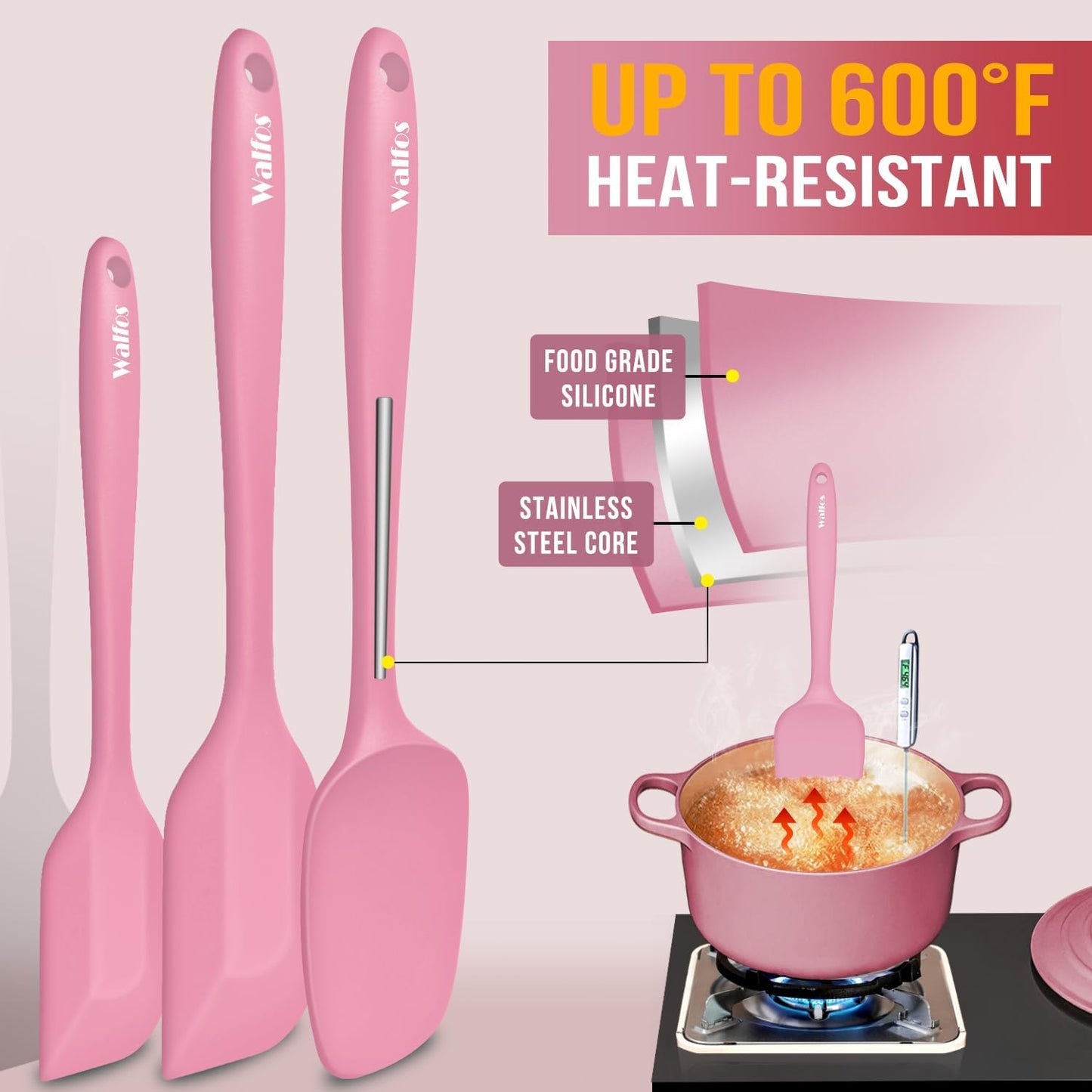 Walfos Silicone Spatula Set of 5 - (600°F) High Heat Resistant Kitchen Scraper Spatulas, One-Pieces Seamless Design, Perfect for Cooking Mixing & Baking - BPA Free and Dishwasher Safe（Pink）