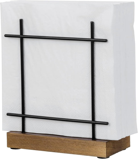 MyGift Napkin Holder for Table, Matte Black Metal Napkin Dispenser for Kitchen Dining with Rustic Burnt Brown Wood Base, Decorative Holders for Paper Mail Bills Home Decor