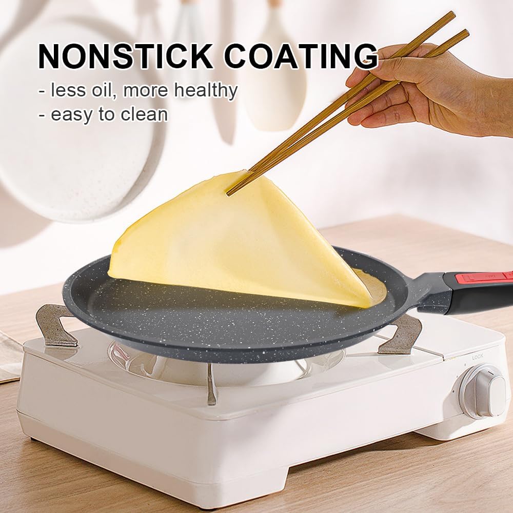 Non Stick Crepe Pan with Detachable Handle, 8 Inch Cast Aluminium Dosa Tawa Tortilla Pan, Pancake Pan Induction Compatible - Black