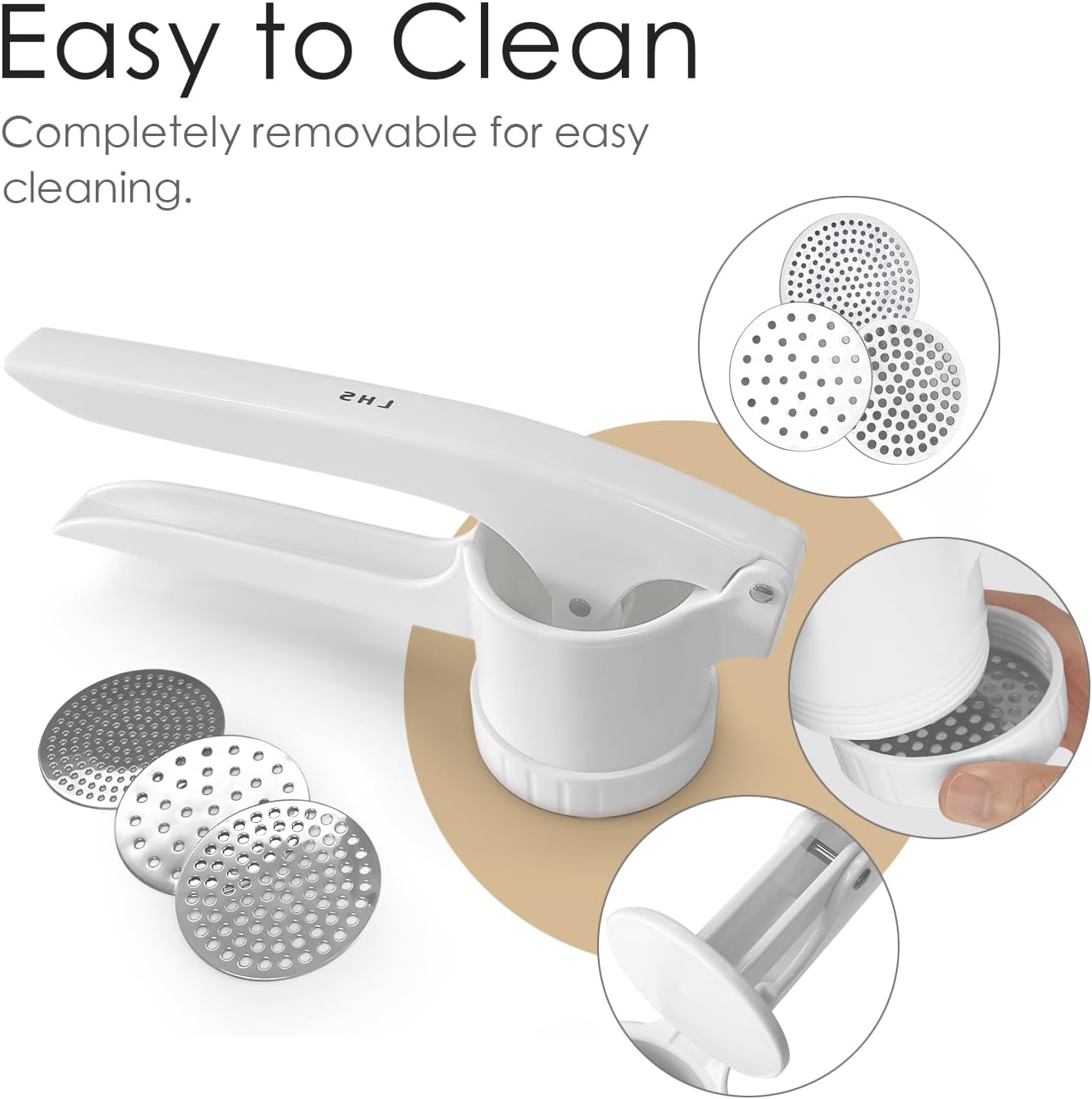 LHS Potato Ricer, Potato Masher for Potatoes with 3 Interchangeable Discs, Large Capacity Potato Masher and Ricer Kitchen Tool for Fruit, Vegetables, Baby Food, White