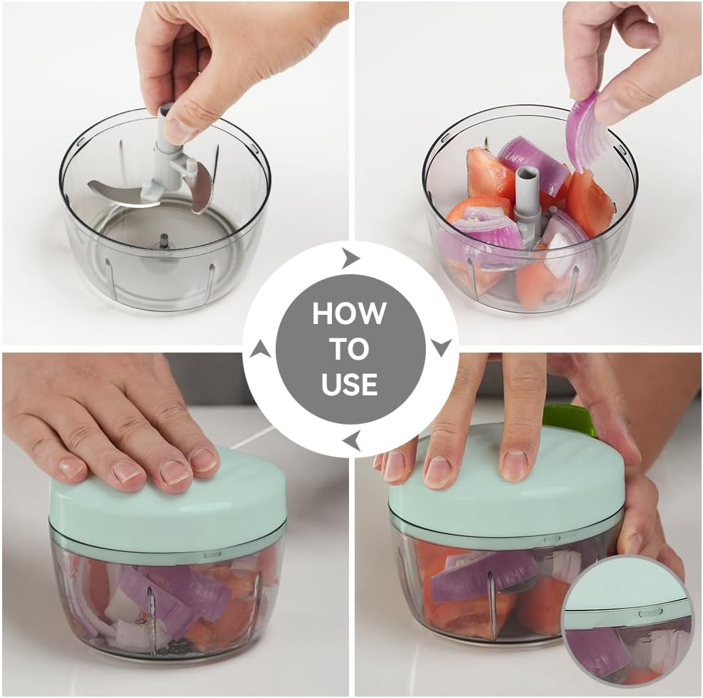 Manual Food Processor Vegetable Chopper 2.3 Cup Small Mini Hand Pull String Onion Chopper Garlic Mincer Cutter with 3 Stainless Steel Blades - Green