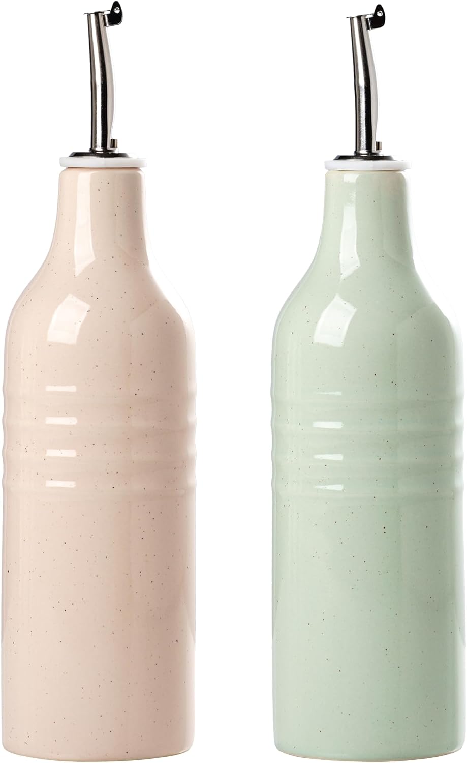 famiware Jupiter 16oz Ceramic Olive Oil Dispenser Bottle, Olive Oil and Vinegar Dispenser Bottle Set of 2 with Stainless Steel Pourers, Suitable for Storage Vinegar, Liquids, Light Pink & Light Green